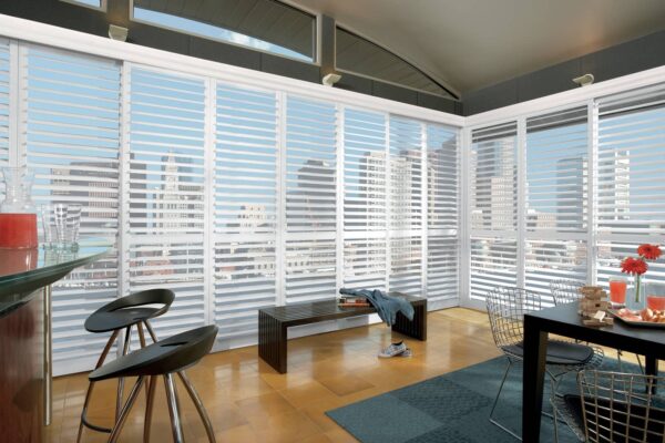 NewStyle Hybrid Shutters - Bypass Track HT Dining Fully Open