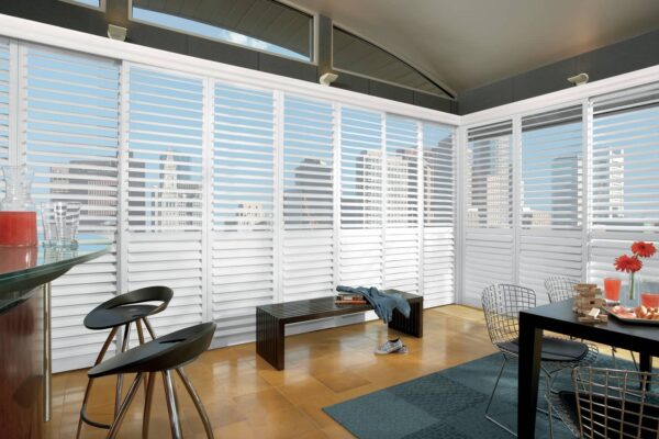 NewStyle Hybrid Shutters - Bypass Track HT Dining Half Open