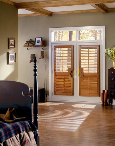 Heritance Hardwood Shutters french door cut out bedroom