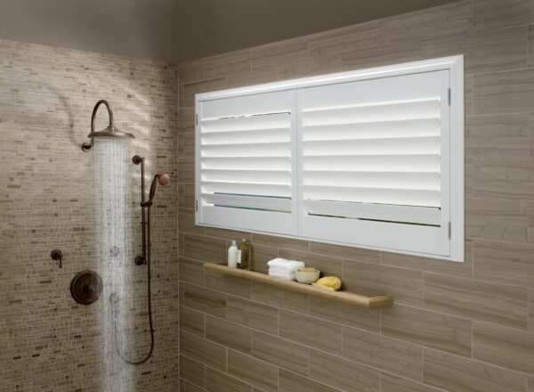 Palm Beach Polysatin Shutters bathroom shower closed louvers