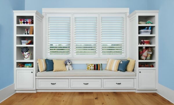 Palm Beach Polysatin Shutters even panel width childs room blue