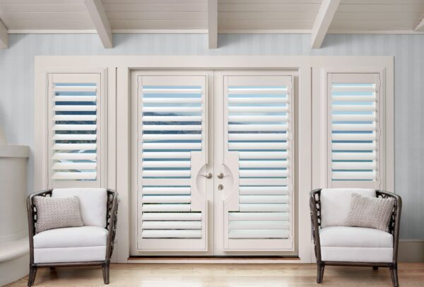 Palm Beach Polysatin Shutters frenchdoor dividerrail livingroom closed