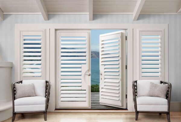 Palm Beach Polysatin Shutters frenchdoor dividerrail livingroom open