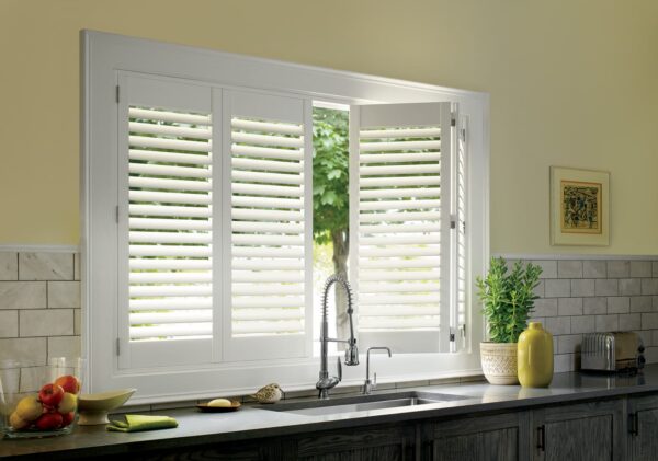 Palm Beach Polysatin Shutters kitchen bi fold hinged panels open