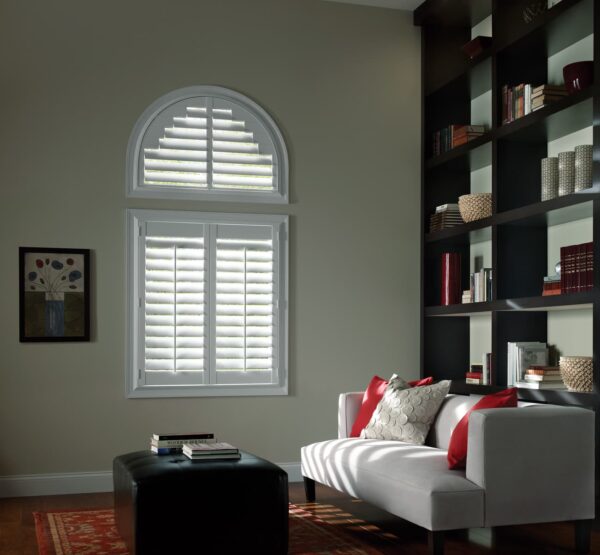 Palm Beach Polysatin Shutters living room extended arch