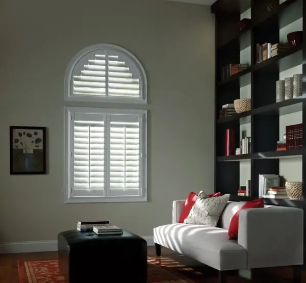 Palm Beach Polysatin Shutters living room extended arch
