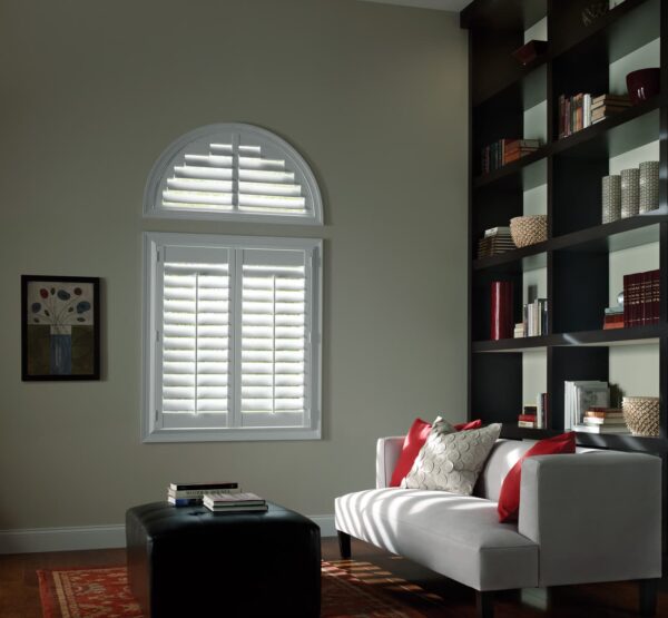 Palm Beach Polysatin Shutters living room unframed arch