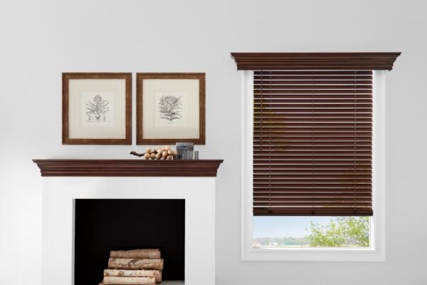 Parkland Wood Blinds cornice classics mantel shelf living room props