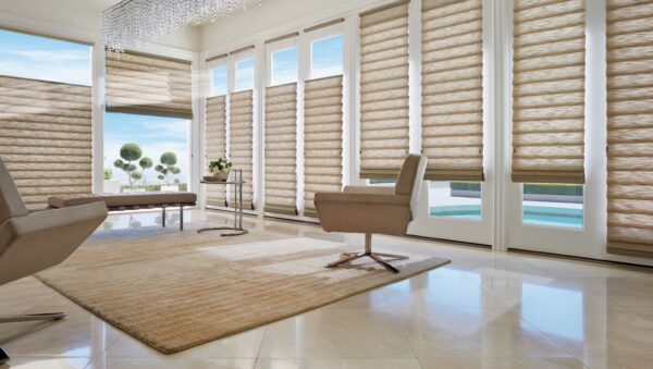 Vignette Modern Roman Shades drake living room stacking